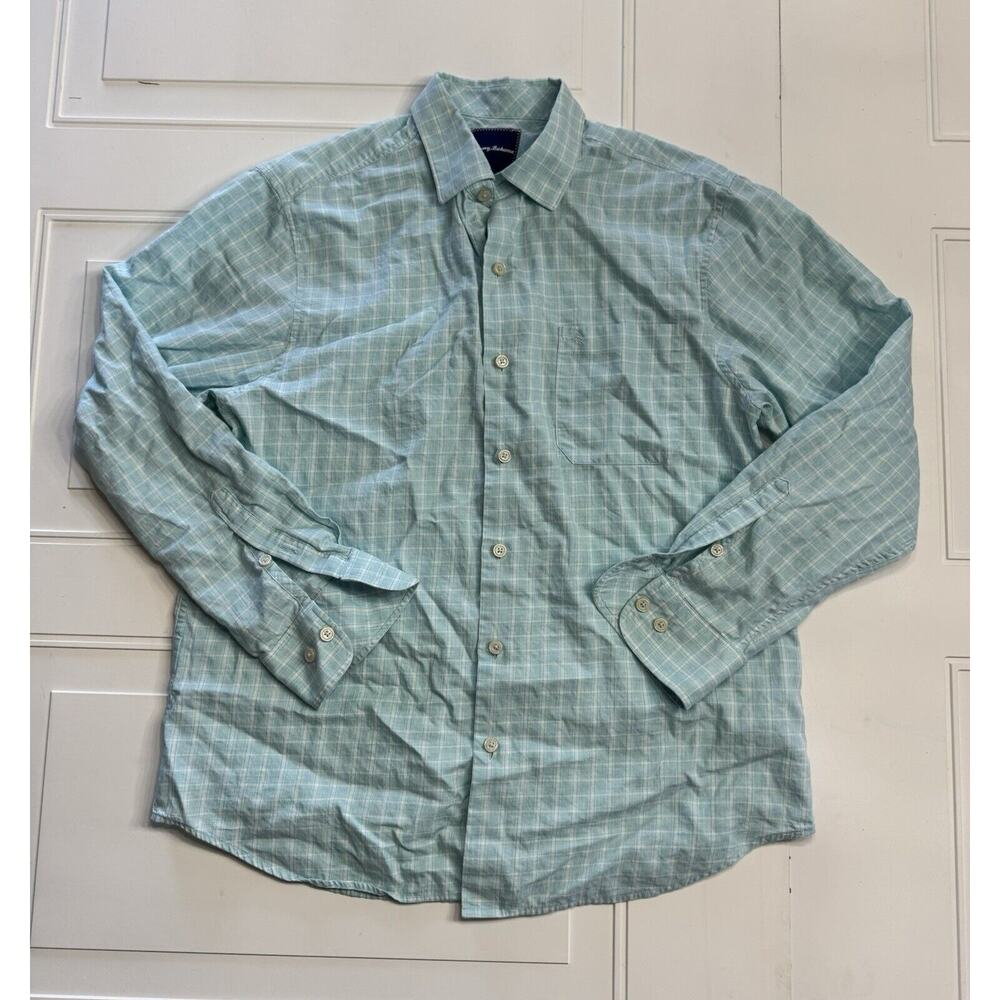 Tommy Bahama Teal & White Plaid Long Sleeve Button Up Shirt Size M